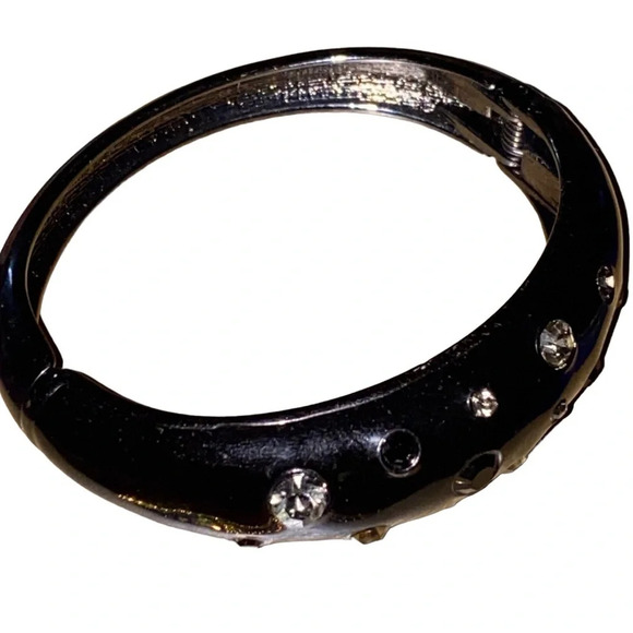 Vintage Black Enamel Rhinestone Clamp Clamper Bangle Bracelet Silver Tone - Picture 4 of 5